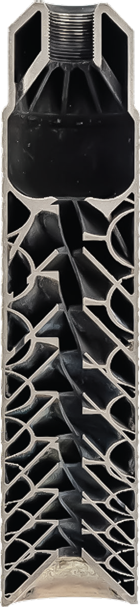 OG-Suppressors-3d-Printed Vertical close-up of a firearm suppressor (silencer) cutaway showing its internal baffle and expansion chamber structure.