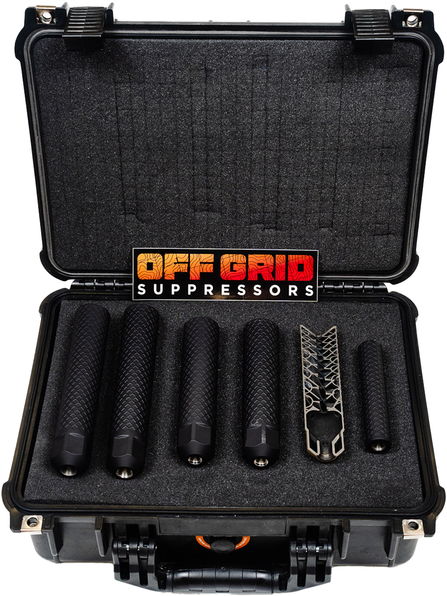 OG-Suppressors-Selection "A hard protective case with custom foam insert holding five black firearm suppressors (silencers) of varying lengths and one skeletal muzzle brake. The case is open, revealing the contents arranged neatly inside. A colorful 'Off Grid Suppressors' logo is displayed on the inner lid of the case.