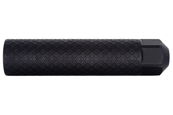 Side profile product image of the Off Grid Suppressors Trident TI titanium suppressor with a black diamond-pattern textured finish, hex-shaped rear section, and direct-thread design displayed on a white background.