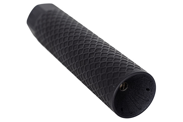 Angled product image of the Off Grid Suppressors Trident TI titanium suppressor featuring a black diamond-pattern textured finish, recessed front cap, and hex-shaped rear section on a white background.