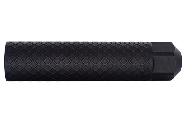 Side profile of the Off Grid Suppressors Trident TI titanium suppressor featuring a black diamond-pattern textured finish, direct-thread mounting, and a hex-shaped rear section, shown on a transparent background.