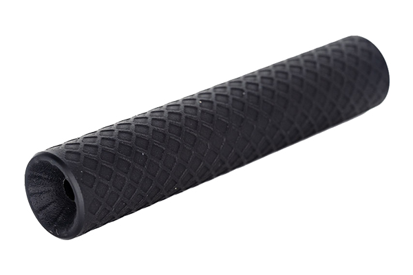 Angled product image of an Off Grid Suppressors suppressor with a black textured exterior on a white background, showcasing its lightweight monolithic design, precision-machined construction, and front bore opening.